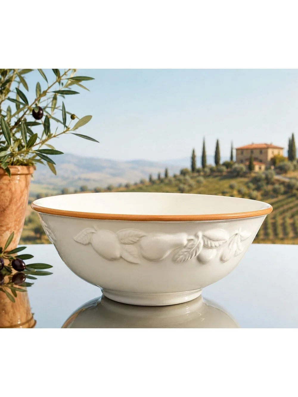 Antica Fornace Italy 1990s Serving Bowl Fruit Embossed Terracotta Rim, 12x5.75”